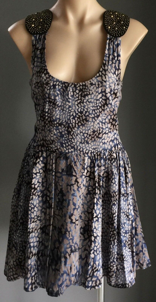 STELLINO "Prelude" Dress Strappy Back Sheath Blue & Taupe Ladies Size 10  NEW