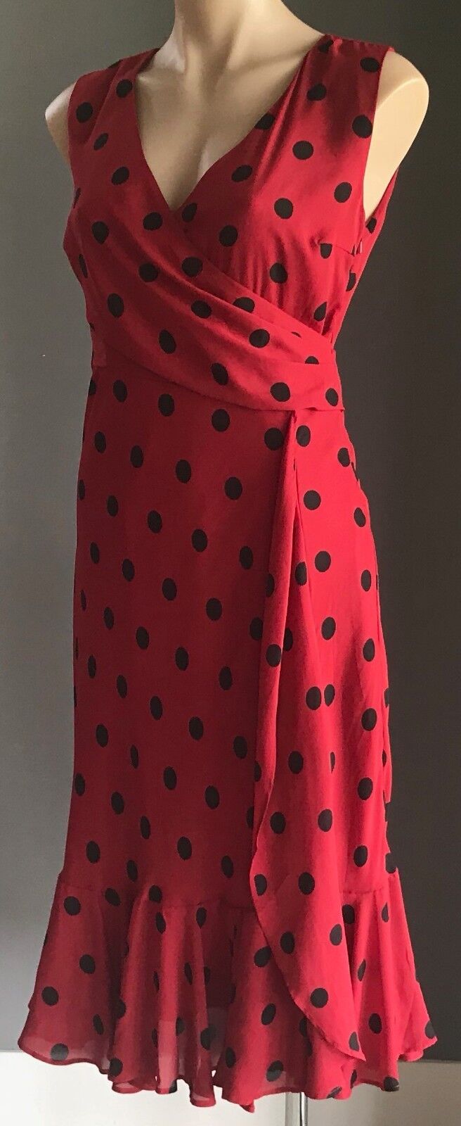 MAX SHOP Dress Red & Black Polka Dot Ruffle Hem Ladies Sheath Size 10 Gorgeous