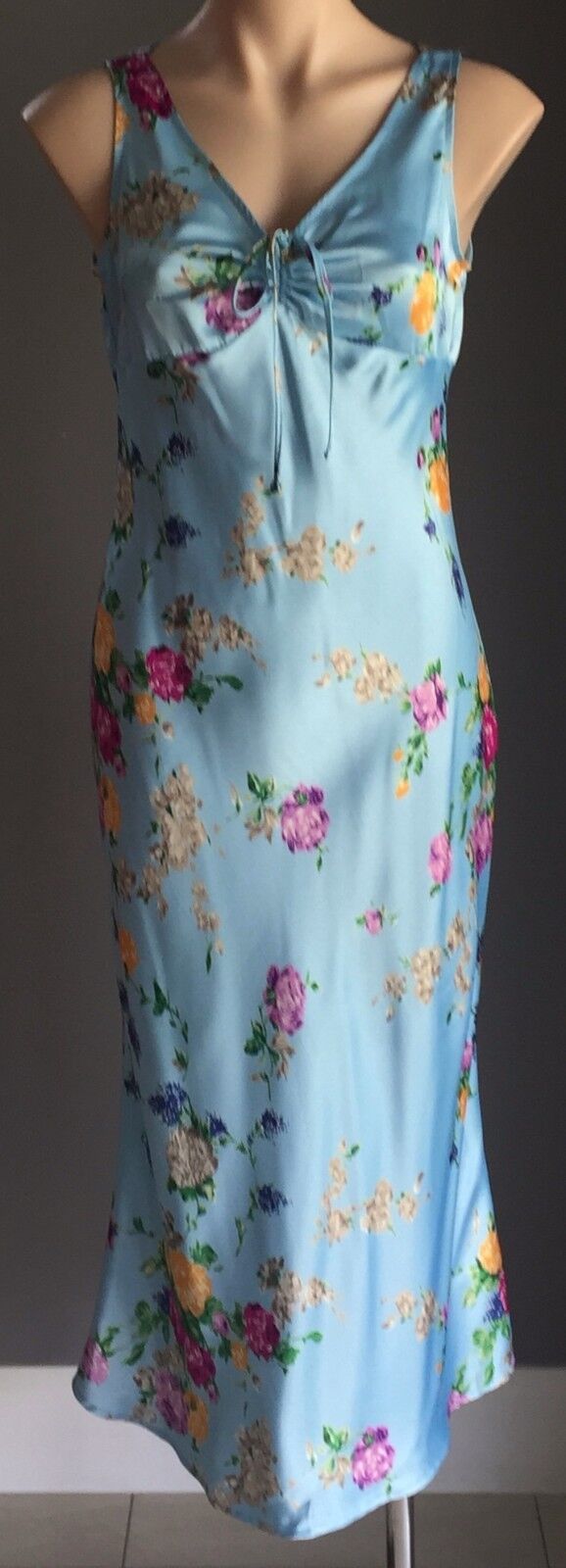 Blue Satin Midi A LINE Dress Light Blue Floral Print Size 10 Retro