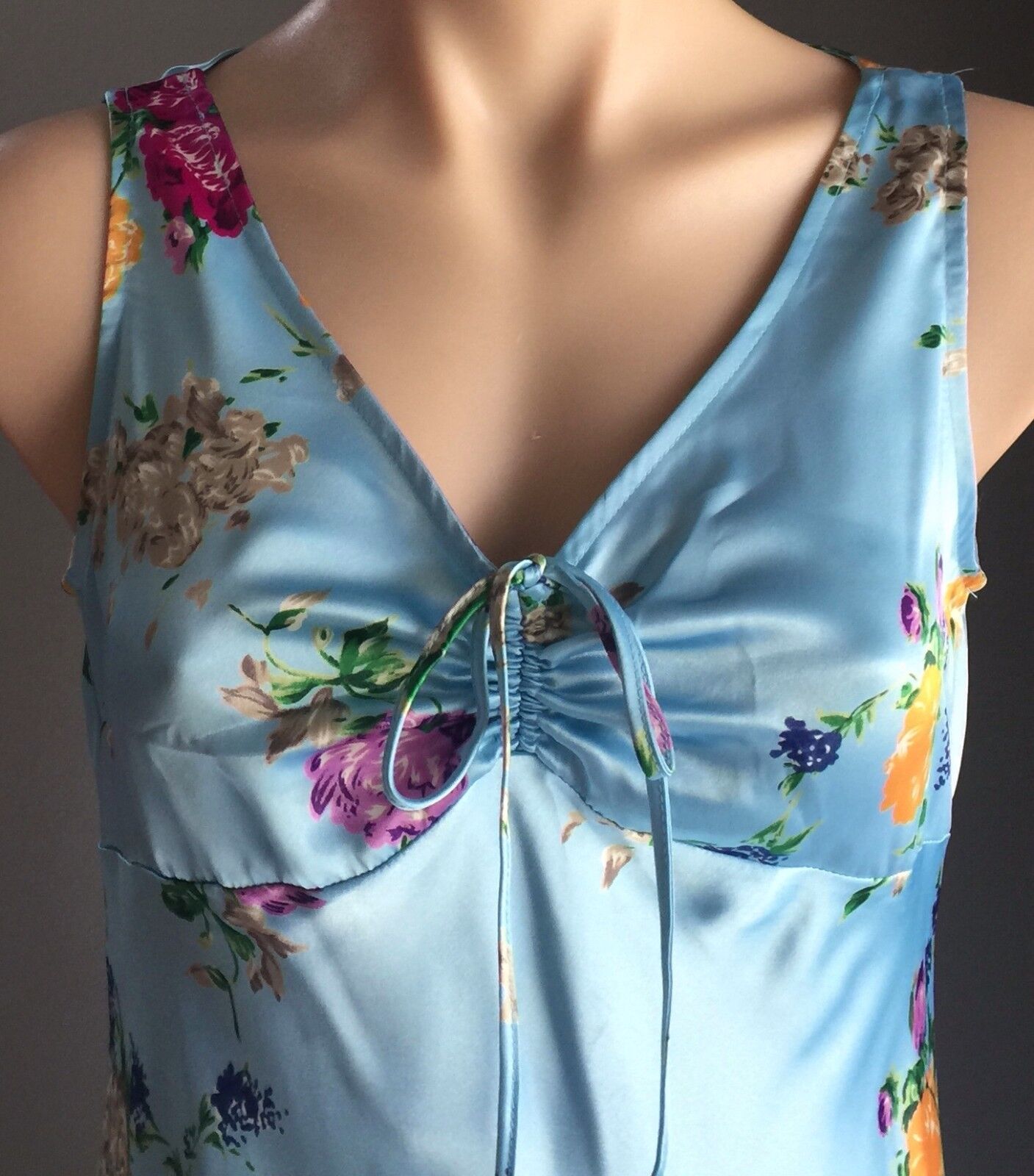 Blue Satin Midi A LINE Dress Light Blue Floral Print Size 10 Retro