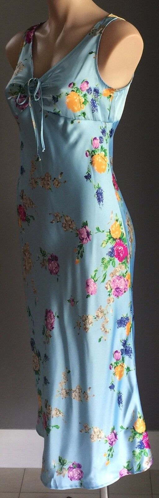 Blue Satin Midi A LINE Dress Light Blue Floral Print Size 10 Retro