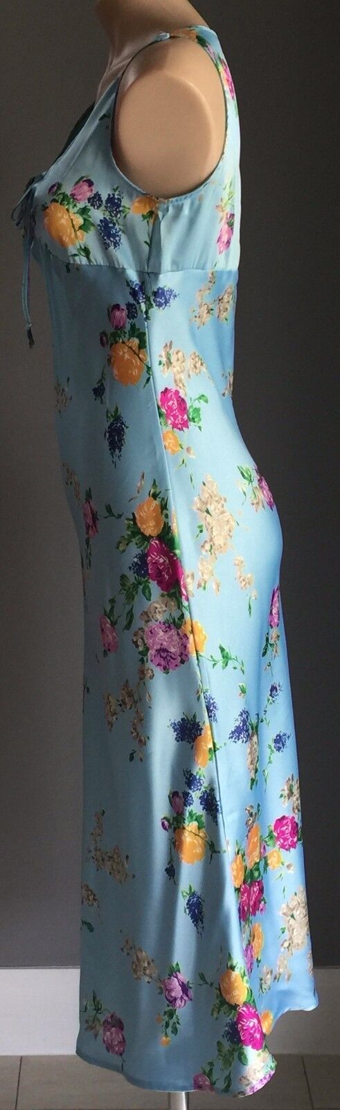 Blue Satin Midi A LINE Dress Light Blue Floral Print Size 10 Retro