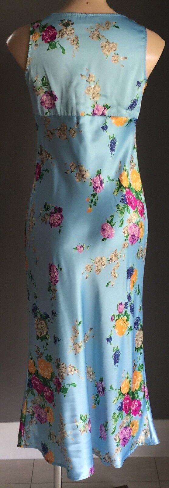 Blue Satin Midi A LINE Dress Light Blue Floral Print Size 10 Retro