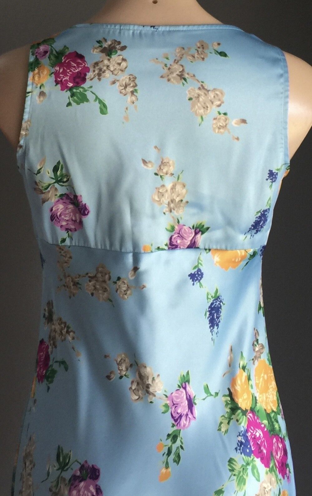Blue Satin Midi A LINE Dress Light Blue Floral Print Size 10 Retro