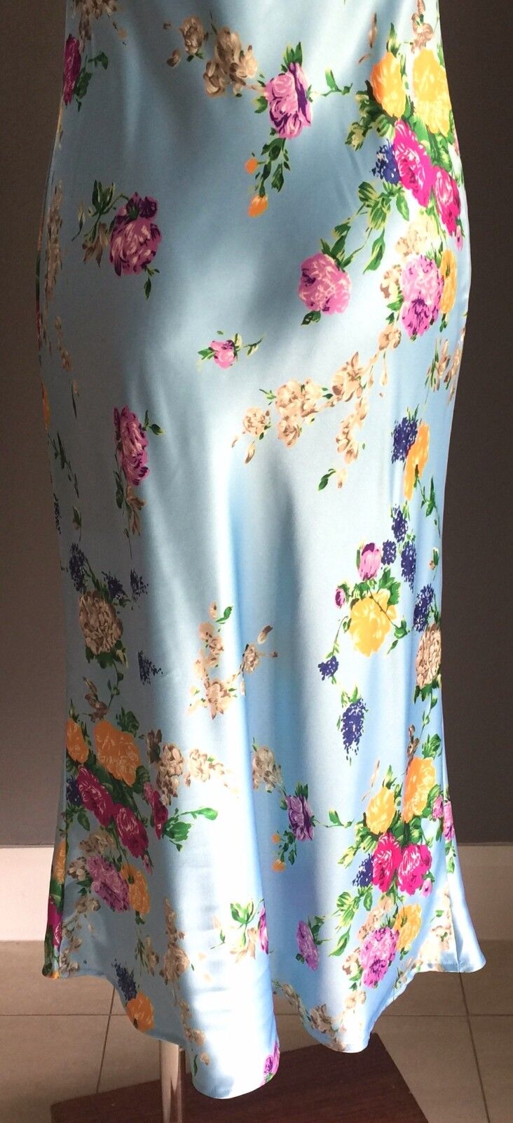 Blue Satin Midi A LINE Dress Light Blue Floral Print Size 10 Retro