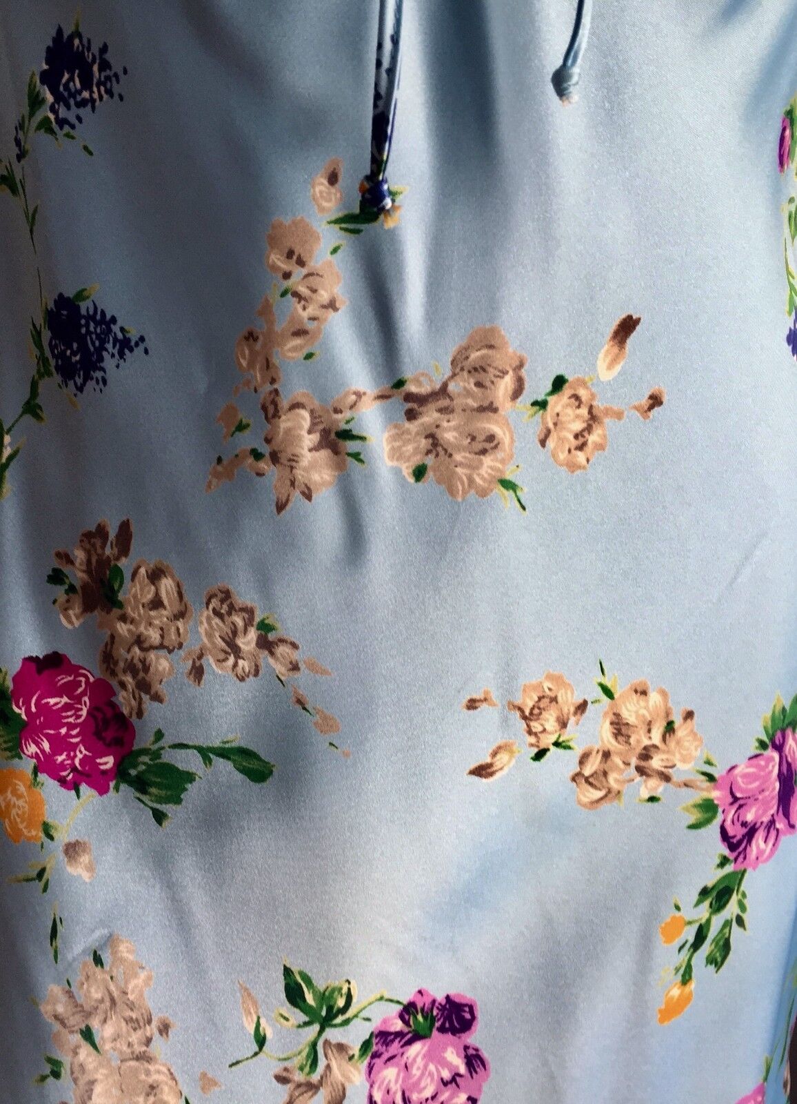 Blue Satin Midi A LINE Dress Light Blue Floral Print Size 10 Retro