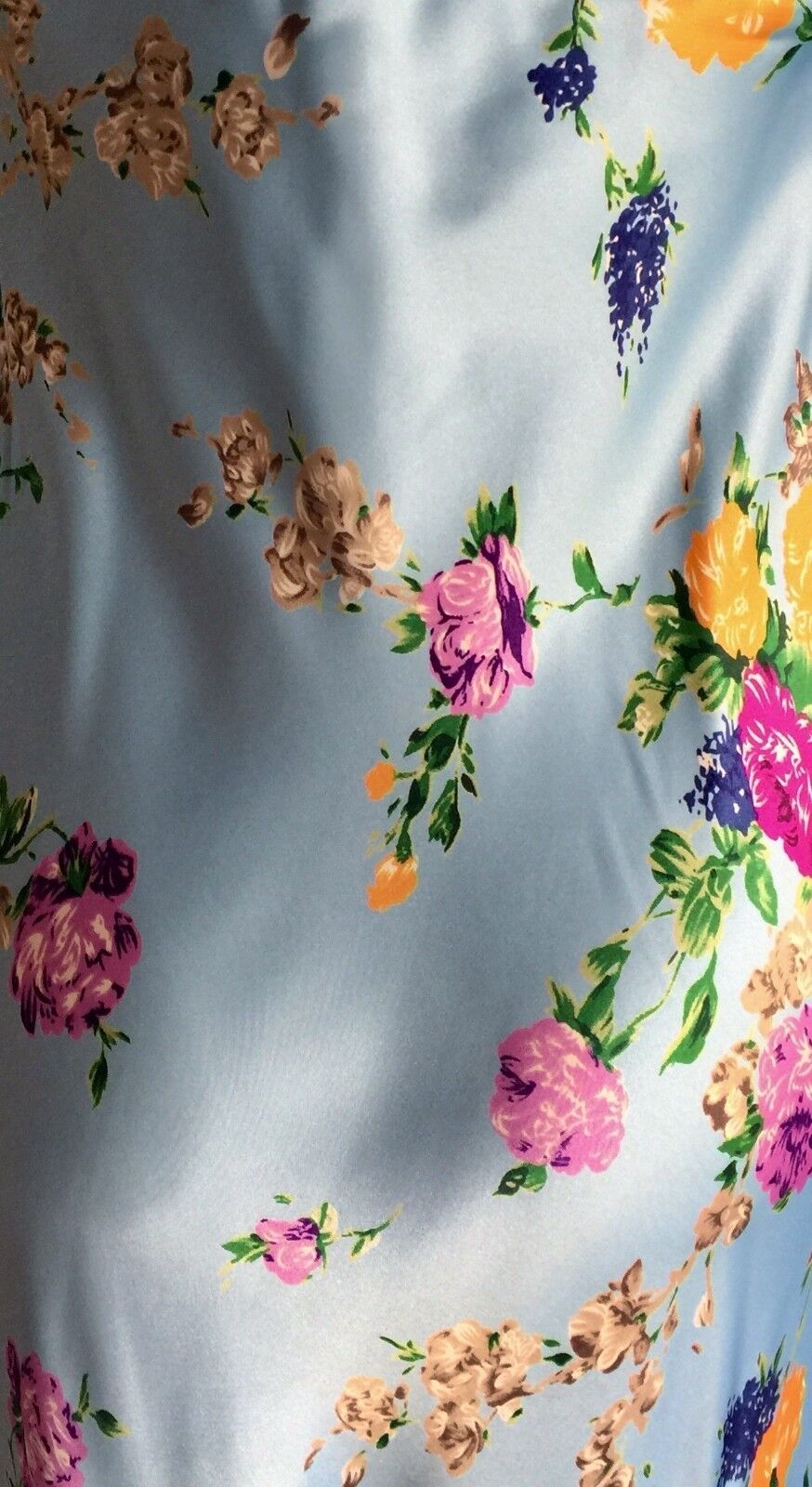 Blue Satin Midi A LINE Dress Light Blue Floral Print Size 10 Retro
