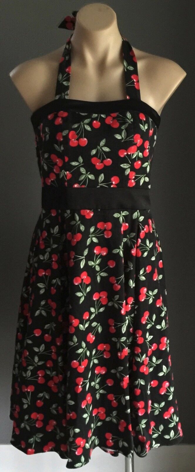 CHERRY PRINT Dress Halter Hand Made  Red Black Green Size 10 12 Pin Up 1950's