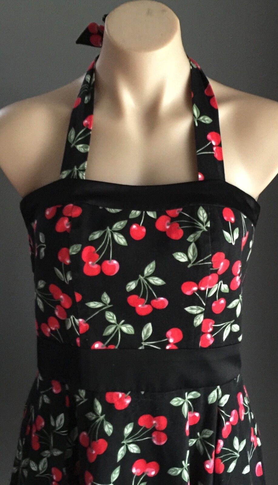 CHERRY PRINT Dress Halter Hand Made  Red Black Green Size 10 12 Pin Up 1950's