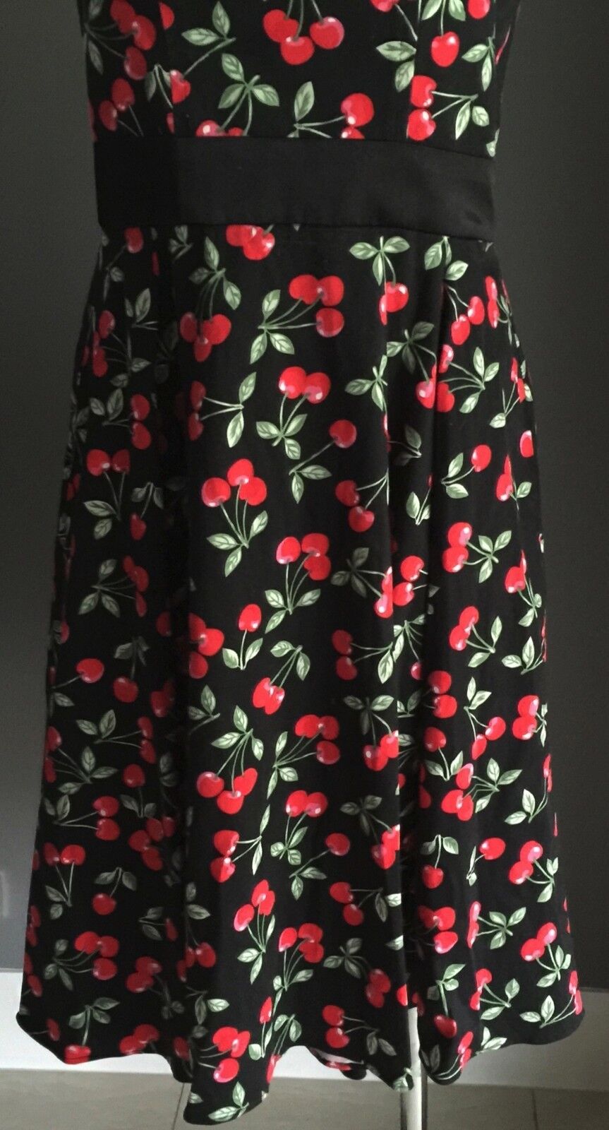 CHERRY PRINT Dress Halter Hand Made  Red Black Green Size 10 12 Pin Up 1950's