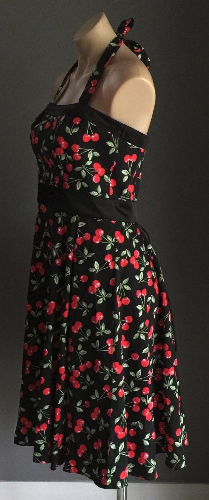 CHERRY PRINT Dress Halter Hand Made  Red Black Green Size 10 12 Pin Up 1950's