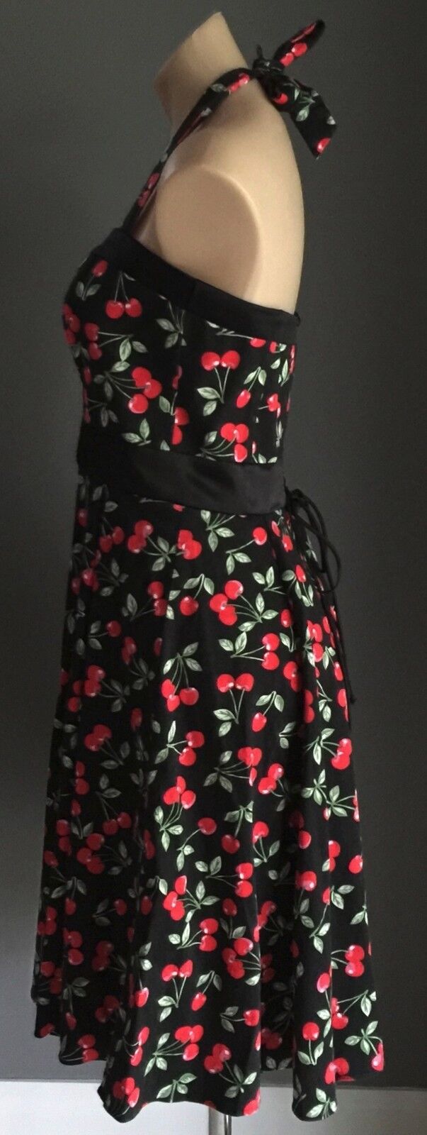 CHERRY PRINT Dress Halter Hand Made  Red Black Green Size 10 12 Pin Up 1950's