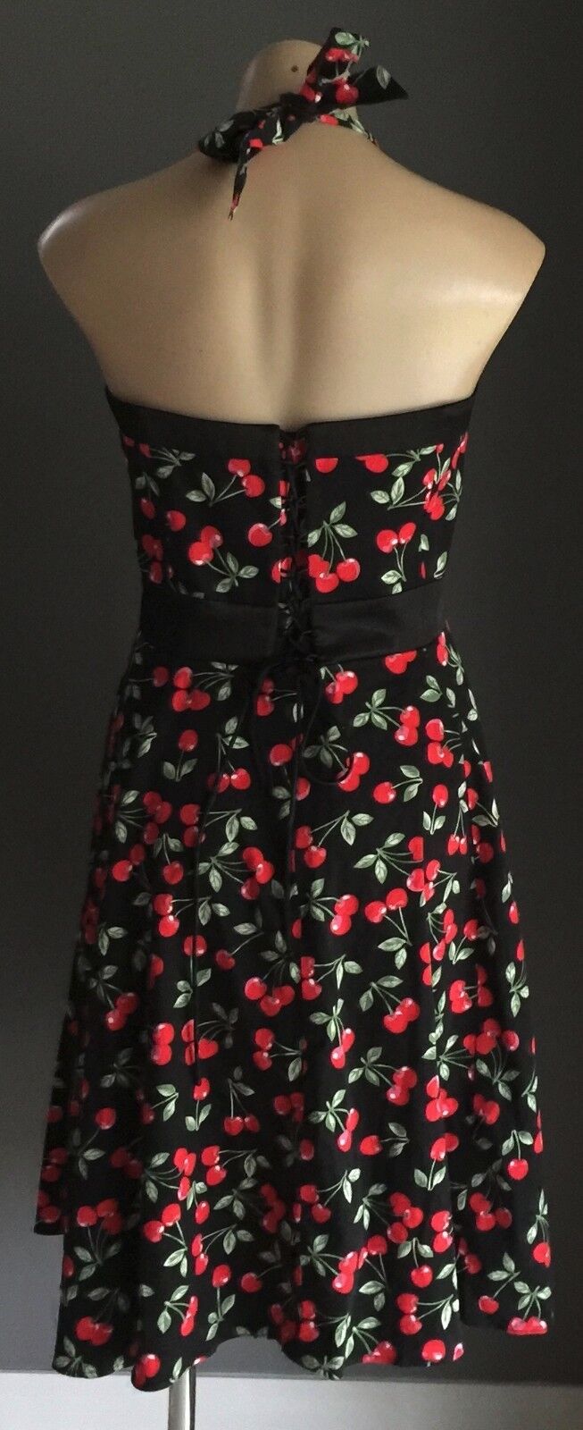 CHERRY PRINT Dress Halter Hand Made  Red Black Green Size 10 12 Pin Up 1950's