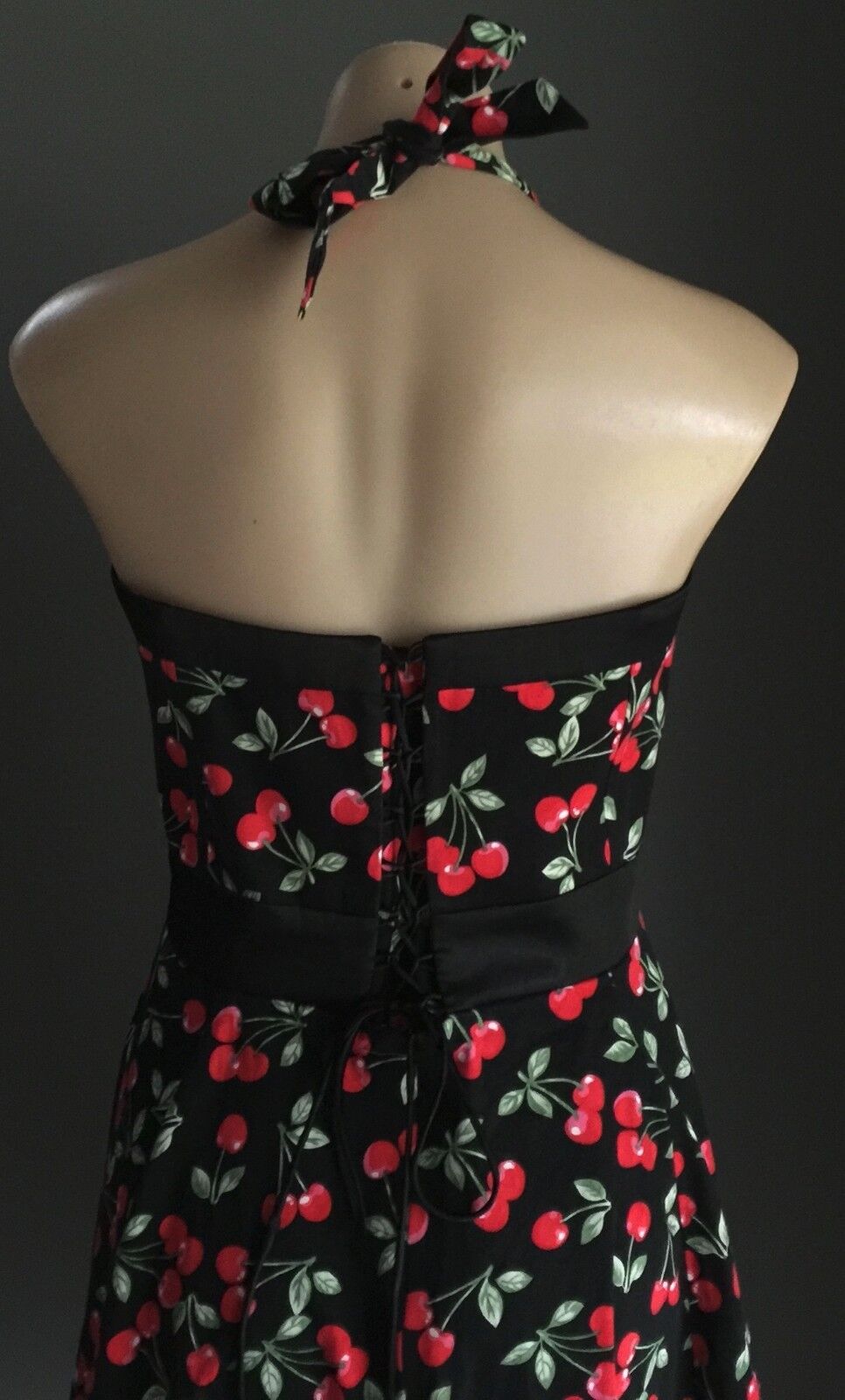 CHERRY PRINT Dress Halter Hand Made  Red Black Green Size 10 12 Pin Up 1950's