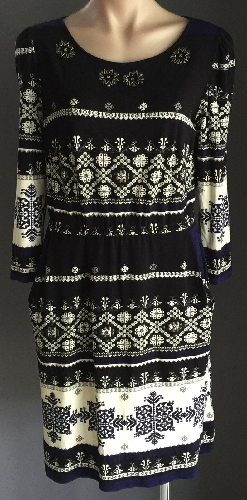 DERHY Dress Black Cream & Blue Tile Print Elastic Waist Size S 10 12 NEW