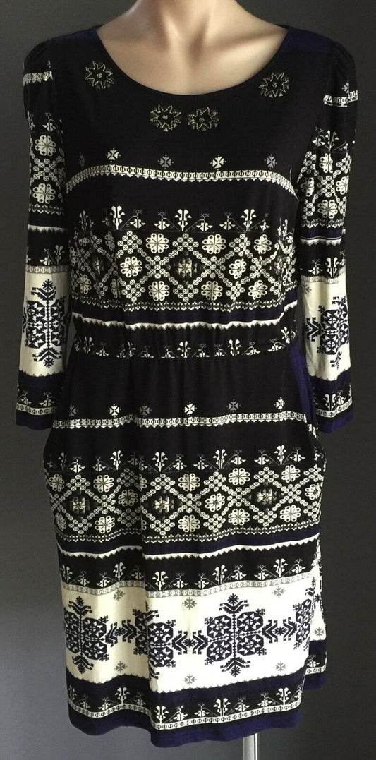 DERHY Dress Black Cream & Blue Tile Print Elastic Waist Size S 10 12 NEW