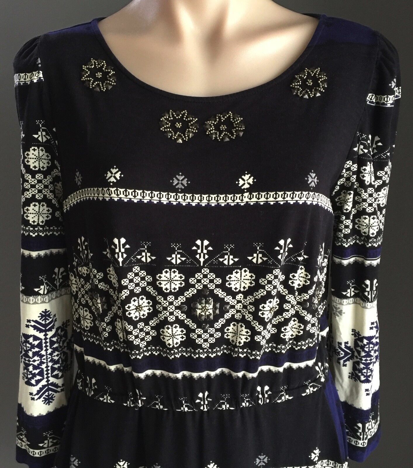 DERHY Dress Black Cream & Blue Tile Print Elastic Waist Size S 10 12 NEW
