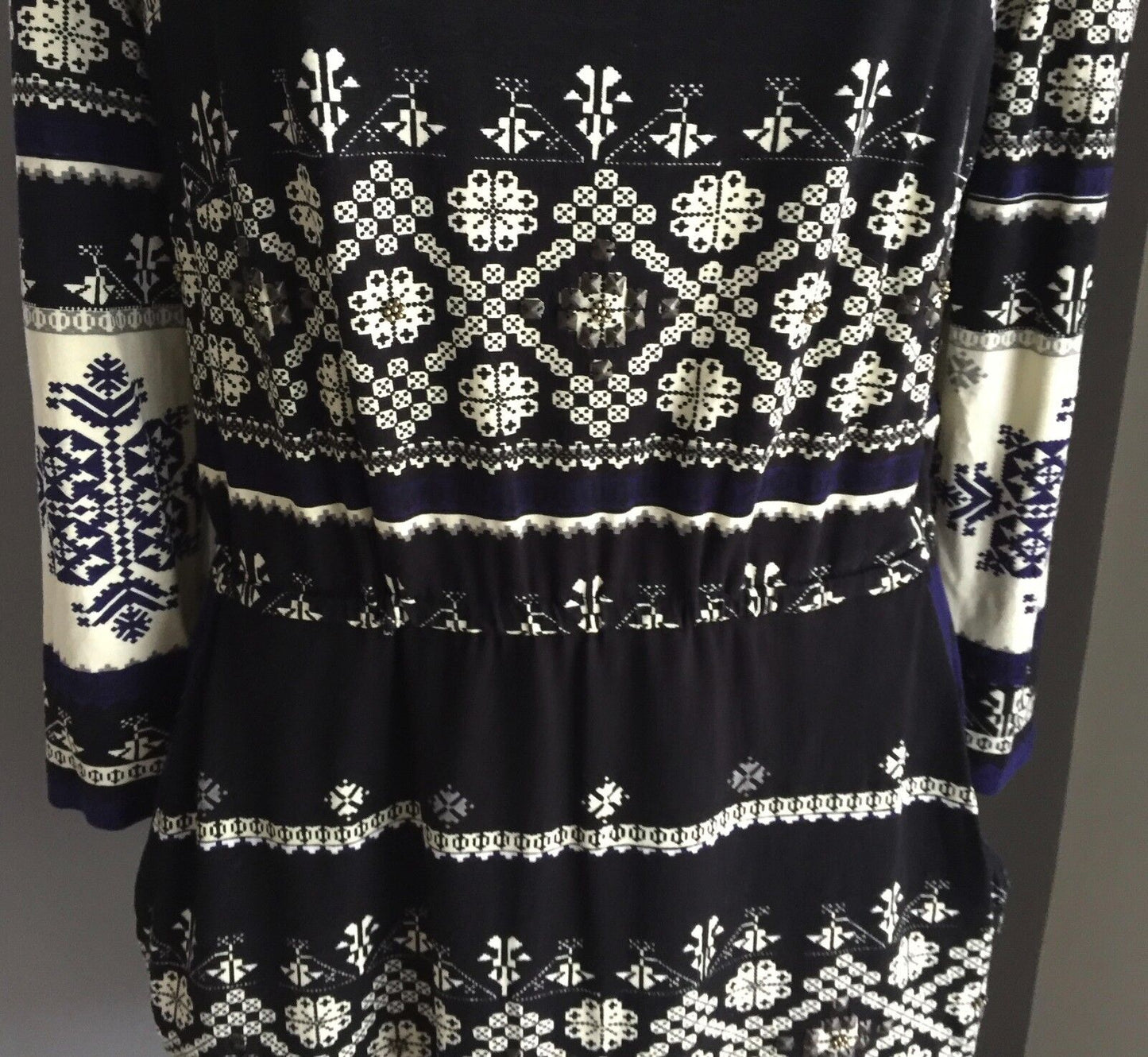 DERHY Dress Black Cream & Blue Tile Print Elastic Waist Size S 10 12 NEW