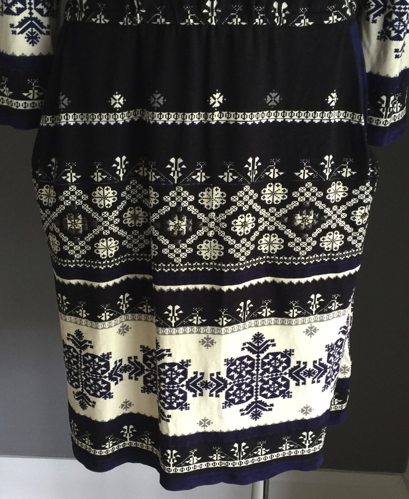 DERHY Dress Black Cream & Blue Tile Print Elastic Waist Size S 10 12 NEW