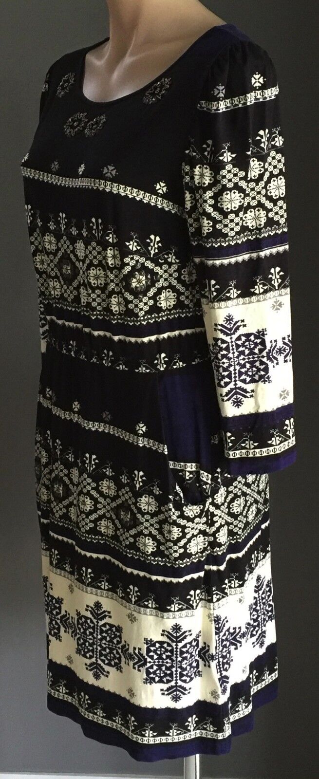 DERHY Dress Black Cream & Blue Tile Print Elastic Waist Size S 10 12 NEW