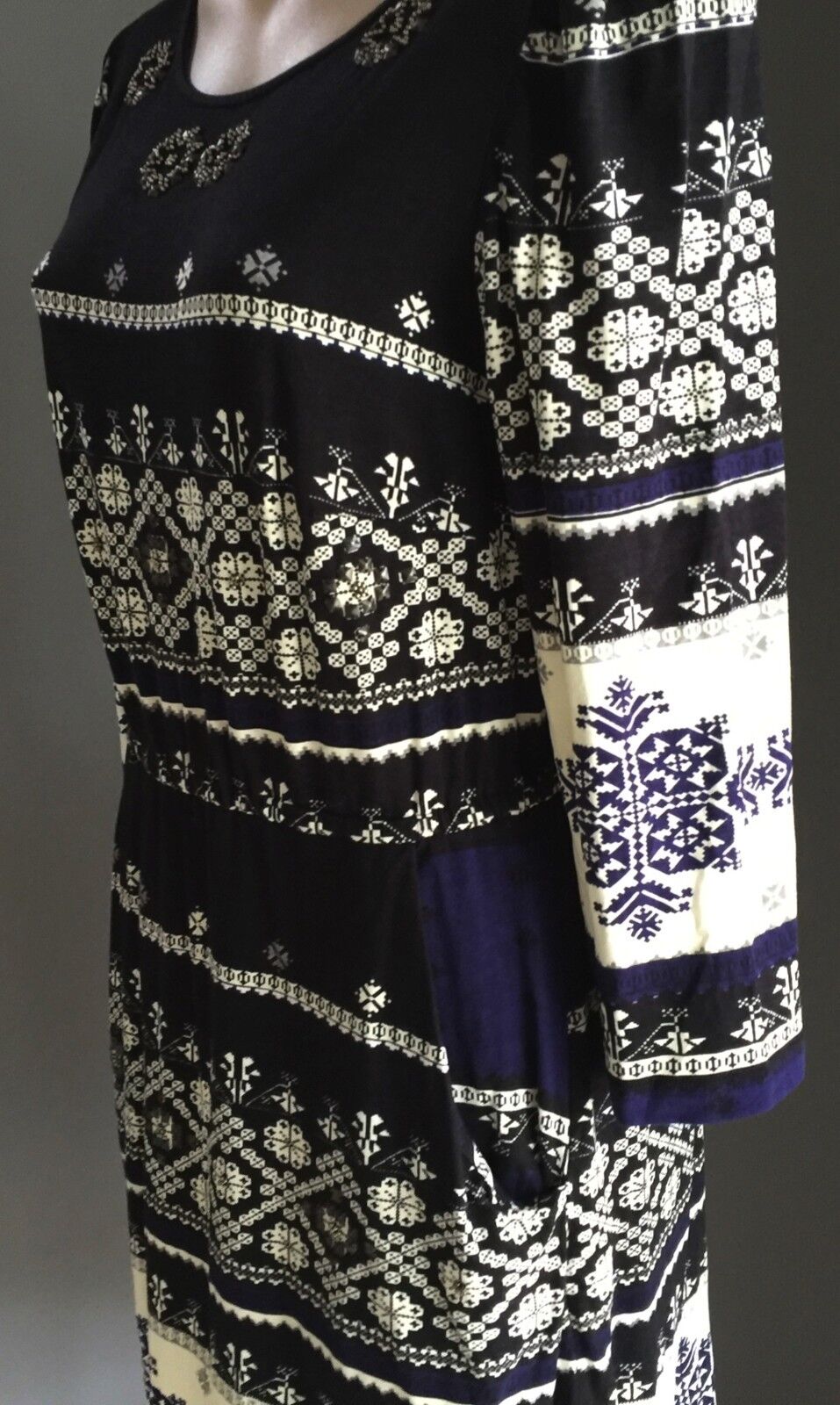DERHY Dress Black Cream & Blue Tile Print Elastic Waist Size S 10 12 NEW