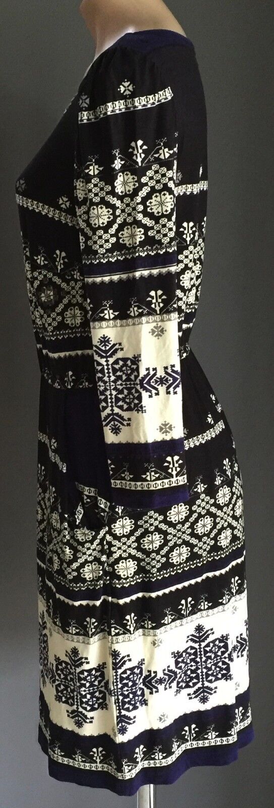DERHY Dress Black Cream & Blue Tile Print Elastic Waist Size S 10 12 NEW
