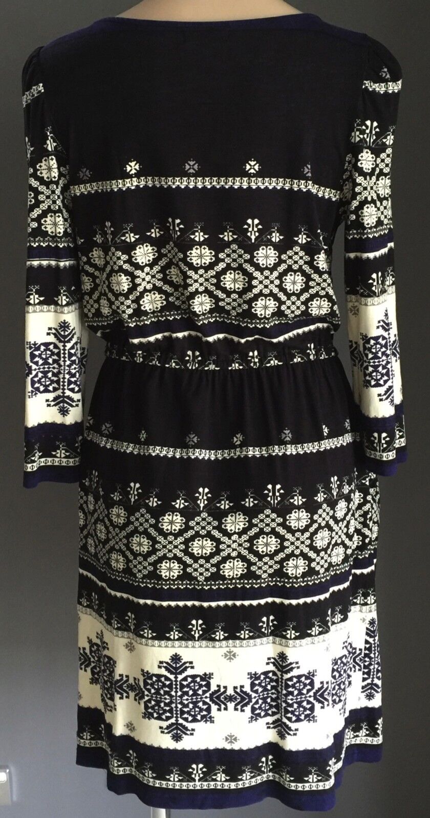 DERHY Dress Black Cream & Blue Tile Print Elastic Waist Size S 10 12 NEW