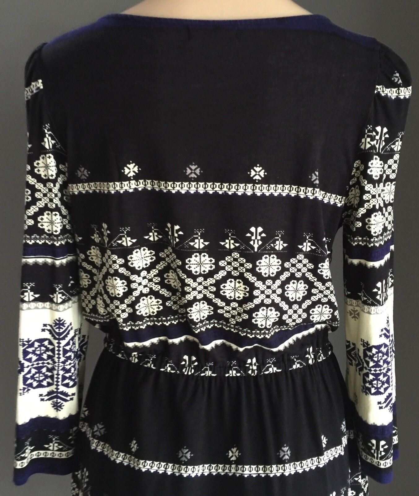 DERHY Dress Black Cream & Blue Tile Print Elastic Waist Size S 10 12 NEW