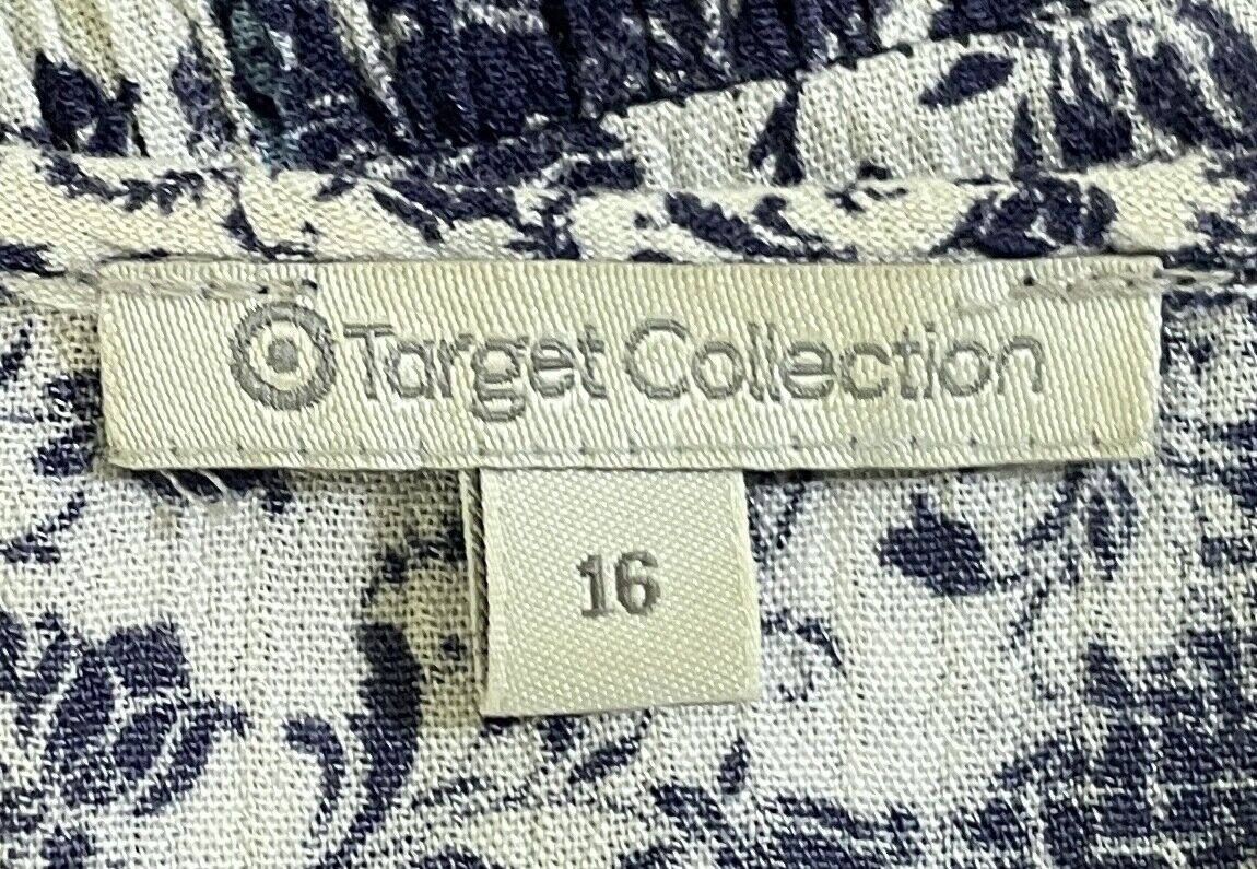 TARGET Top Blue & White Print Short Sleeve Peasant Style Hi-Lo Blouse Size 16