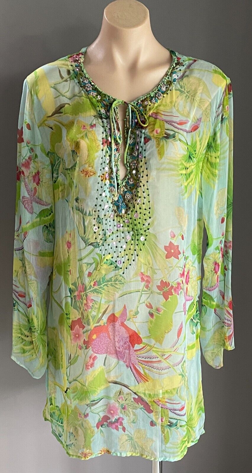 DIRECTIONS Kaftan Top Green Floral Size 12 V Neck Beaded & Sequin Semi Sheer
