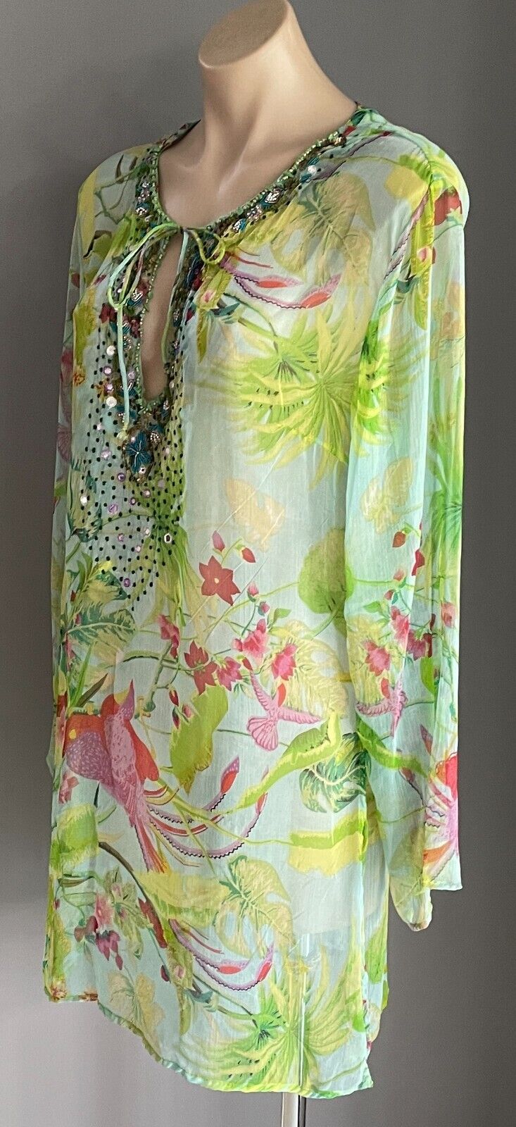 DIRECTIONS Kaftan Top Green Floral Size 12 V Neck Beaded & Sequin Semi Sheer