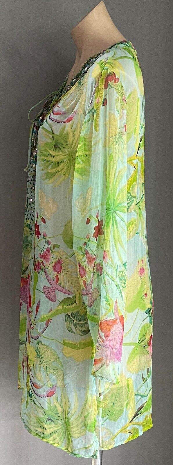 DIRECTIONS Kaftan Top Green Floral Size 12 V Neck Beaded & Sequin Semi Sheer