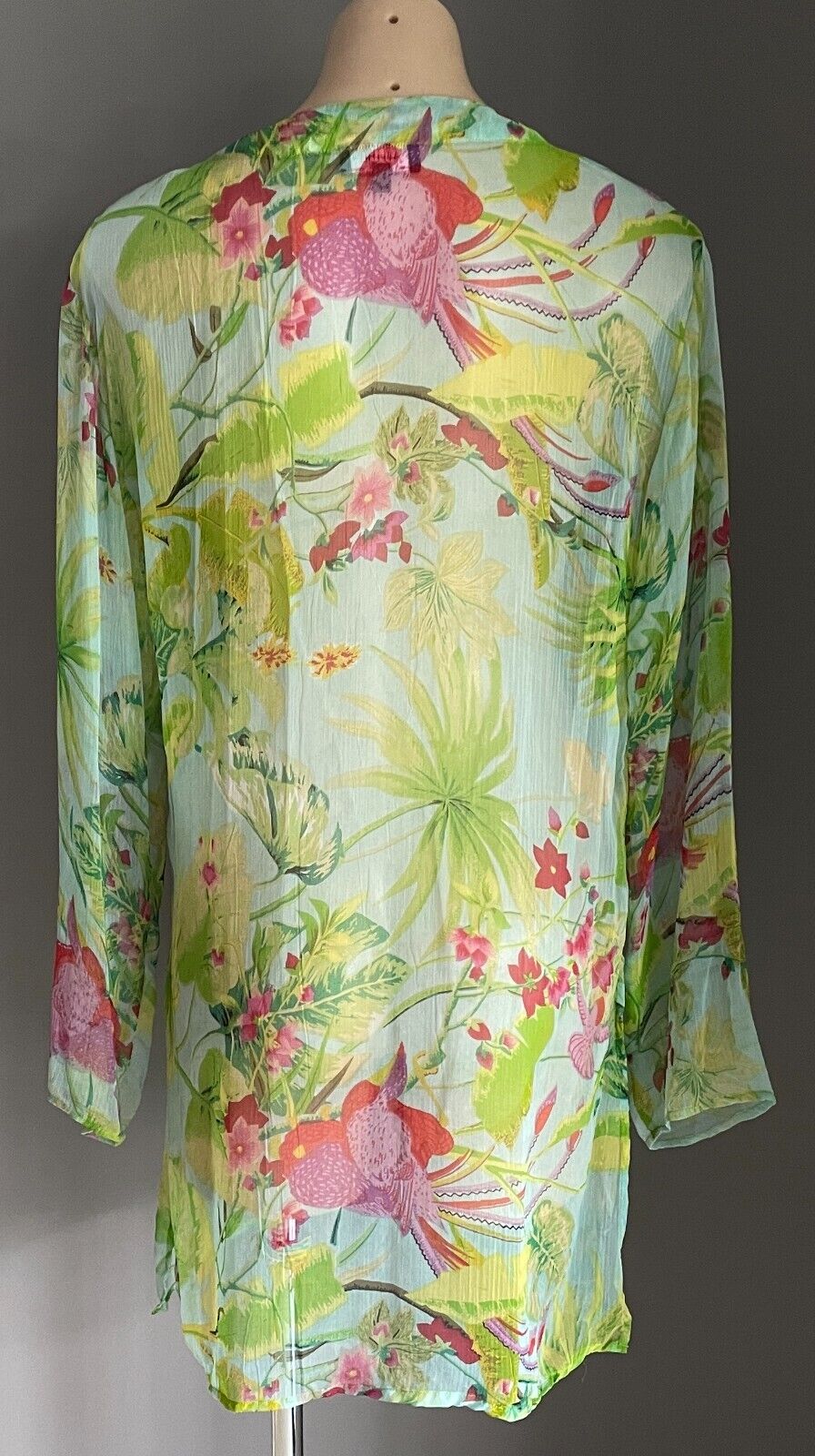 DIRECTIONS Kaftan Top Green Floral Size 12 V Neck Beaded & Sequin Semi Sheer