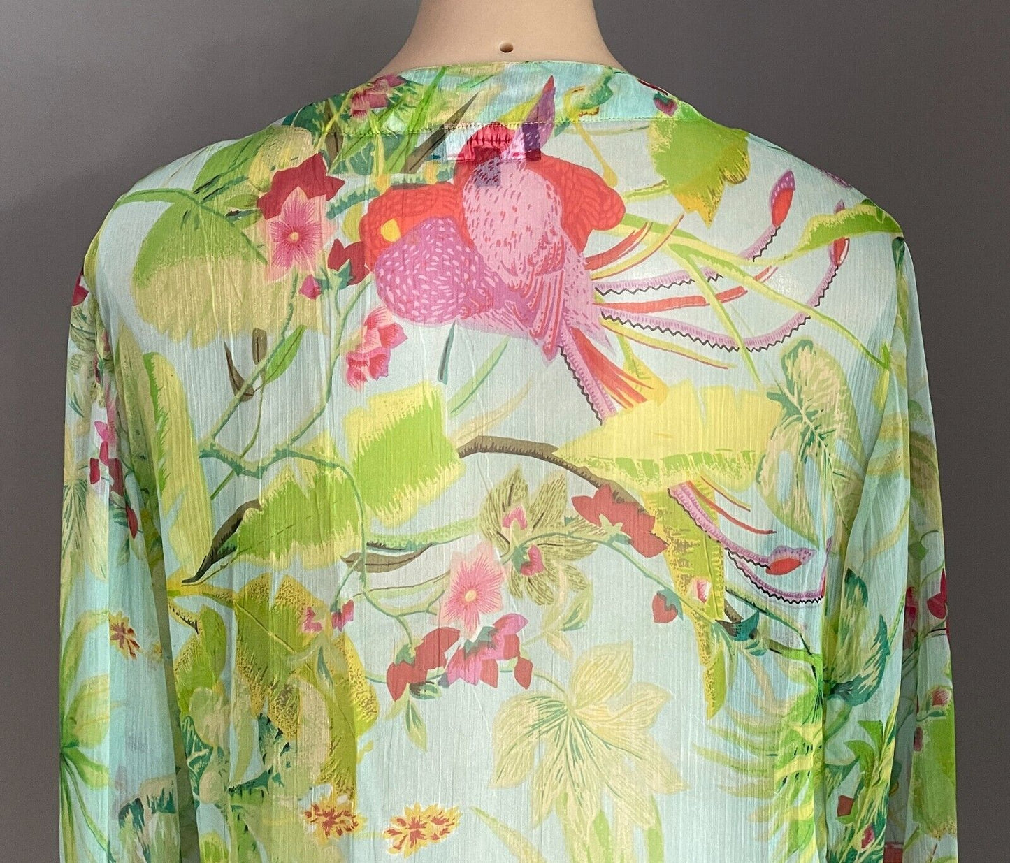 DIRECTIONS Kaftan Top Green Floral Size 12 V Neck Beaded & Sequin Semi Sheer