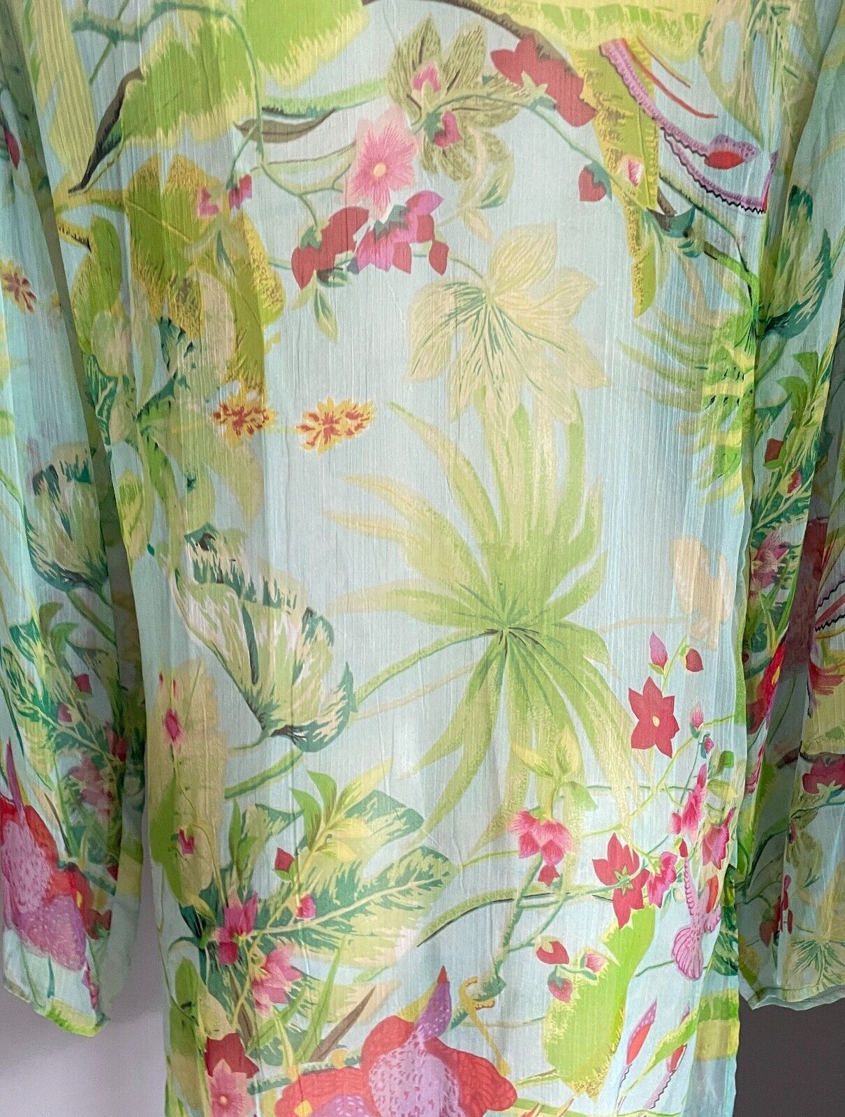 DIRECTIONS Kaftan Top Green Floral Size 12 V Neck Beaded & Sequin Semi Sheer