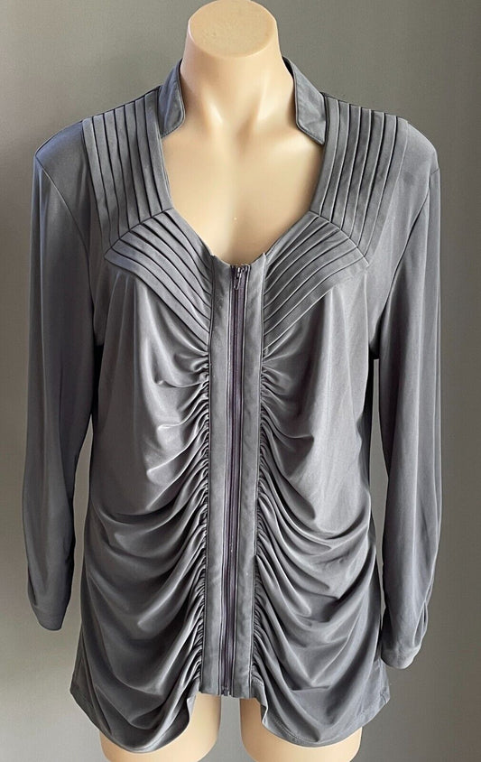 LIZ JORDAN Grey Blouse Stretch Zip Front Size XL 14 Long Sleeve Ruched Detail