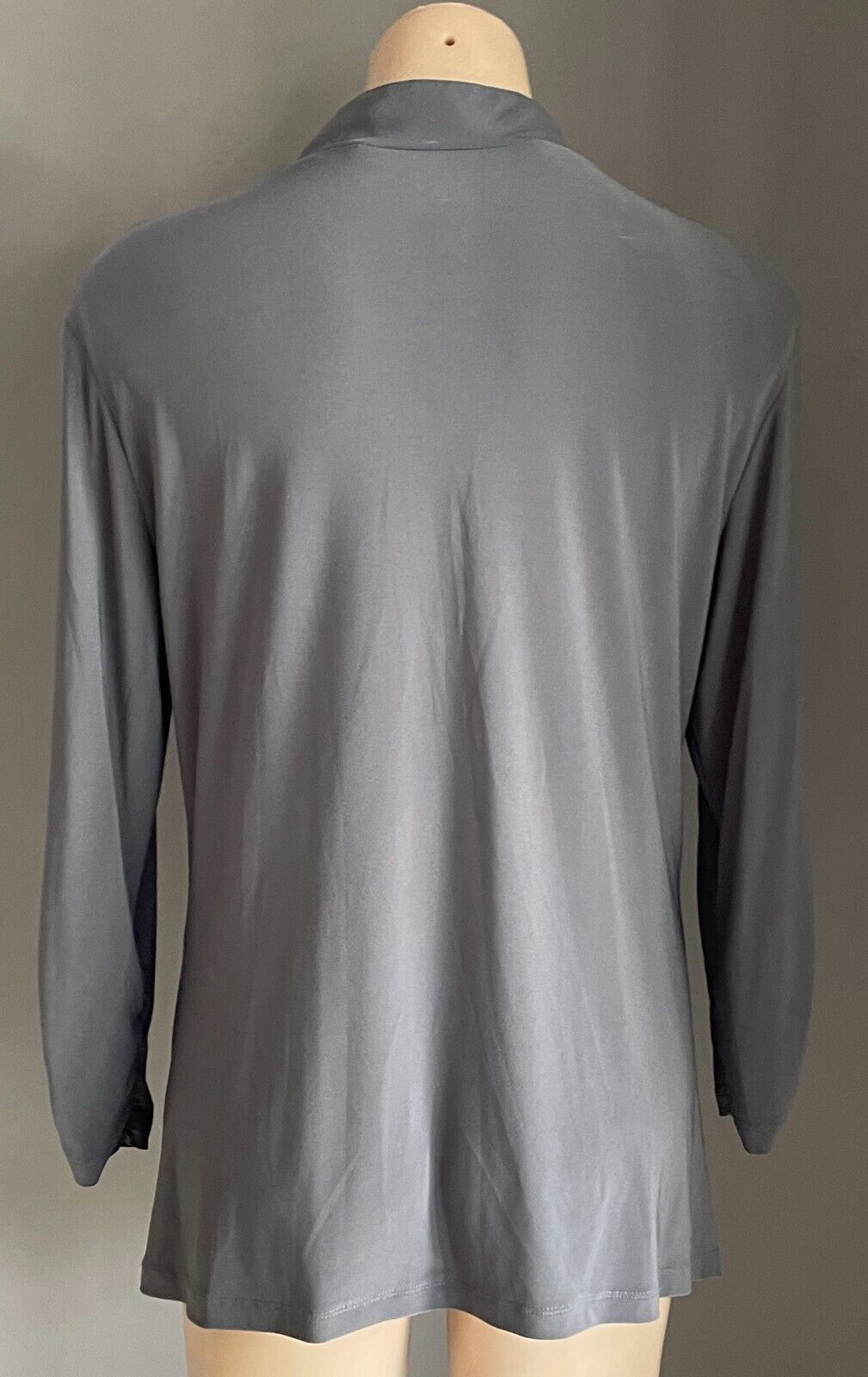 LIZ JORDAN Grey Blouse Stretch Zip Front Size XL 14 Long Sleeve Ruched Detail