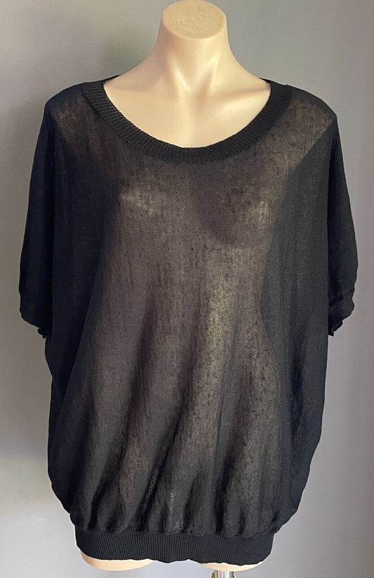 LAURA ASHLEY Fine Knit Top Black Linen Blend Extended Sleeve Sz XL 12 Semi Sheer