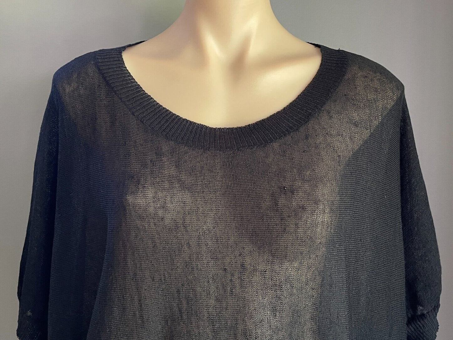LAURA ASHLEY Fine Knit Top Black Linen Blend Extended Sleeve Sz XL 12 Semi Sheer