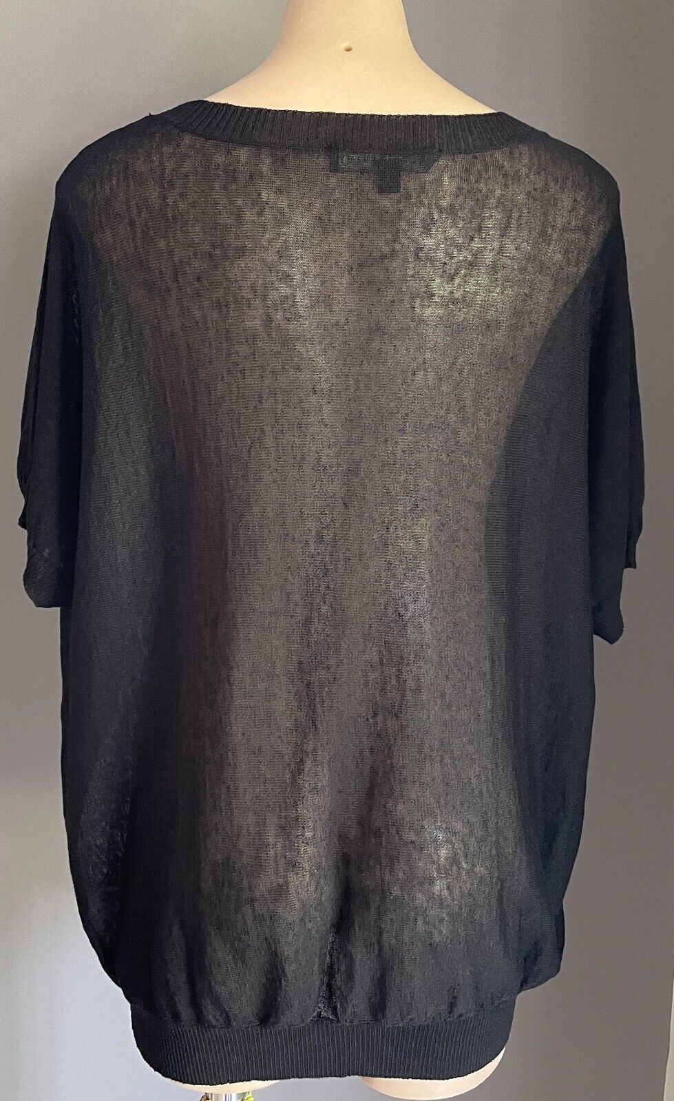 LAURA ASHLEY Fine Knit Top Black Linen Blend Extended Sleeve Sz XL 12 Semi Sheer