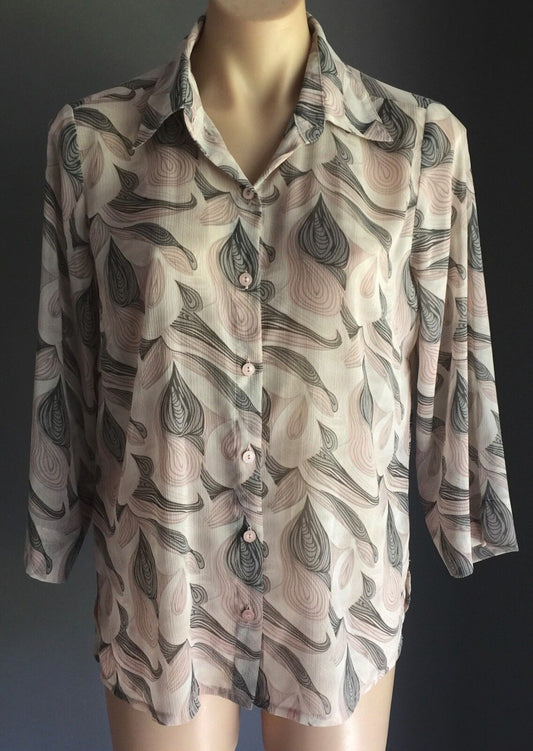 NONI B Button Shirt Soft Grey & Pink Sheer 3/4 Sleeve Blouse Size 10 + Cami