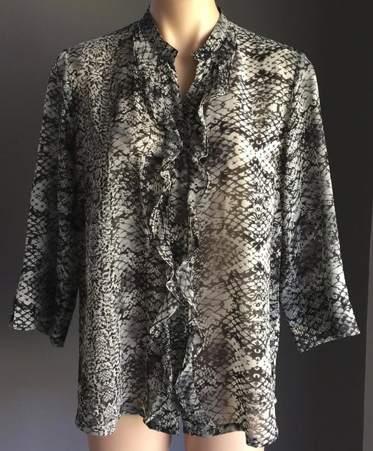 NONI B Blouse Buttons Monochrome White Sheer Snakeskin 3/4 Frill Sleeve Size 12
