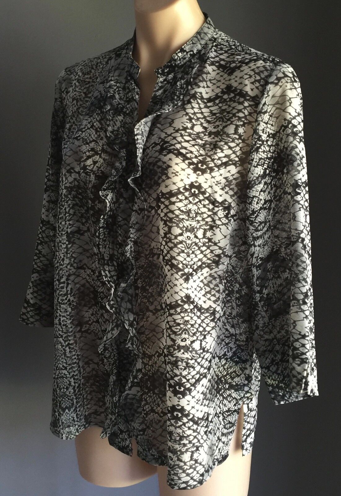 NONI B Blouse Buttons Monochrome White Sheer Snakeskin 3/4 Frill Sleeve Size 12