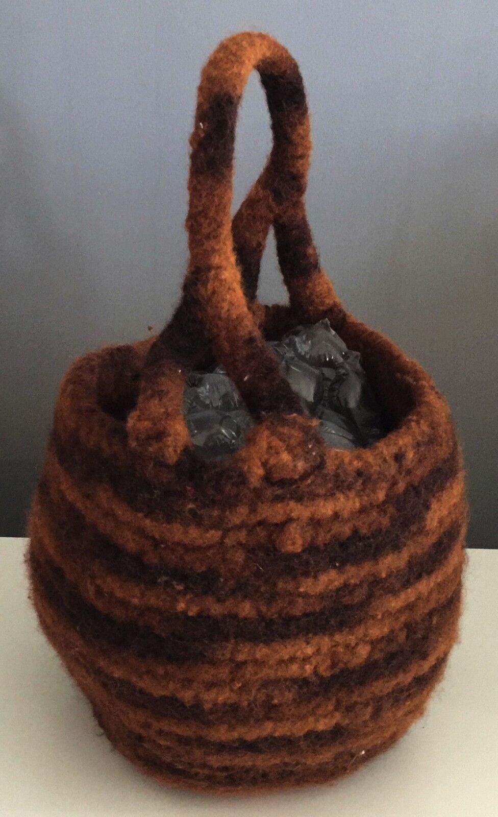 SHOULDER BAG Wool Bucket Style Shades of Brown Basket Handbag Unique Vintage