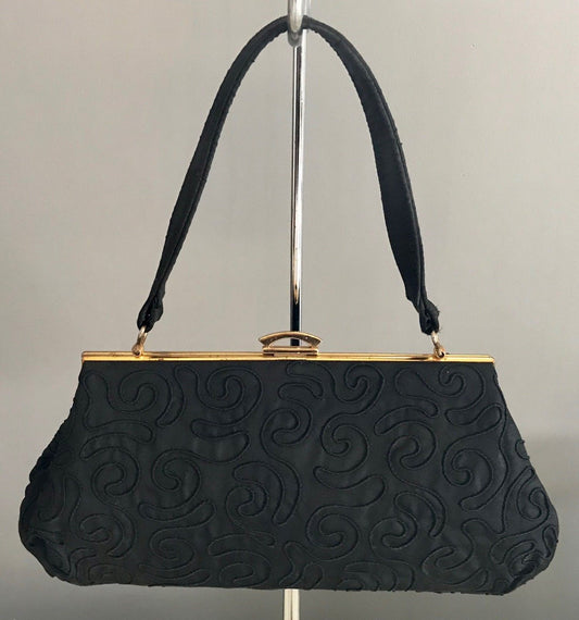 Vintage HandBag 1950s Black Gold Frame Short Handle Bag Cornelli Lace Embroider