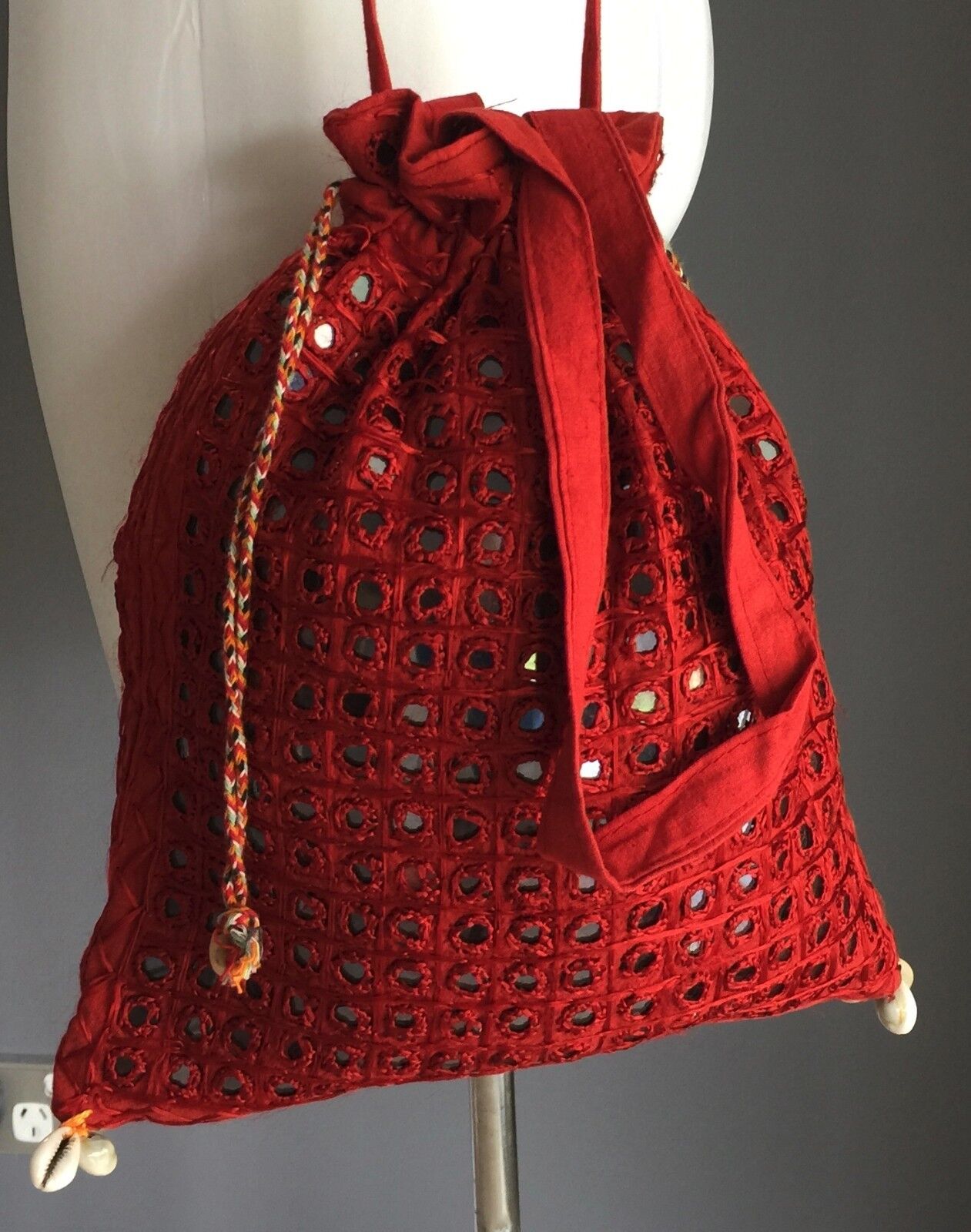 Drawstring Bag CrossBody Pouch Red Mirror & Shell Fabric Duffle Shopper Boho