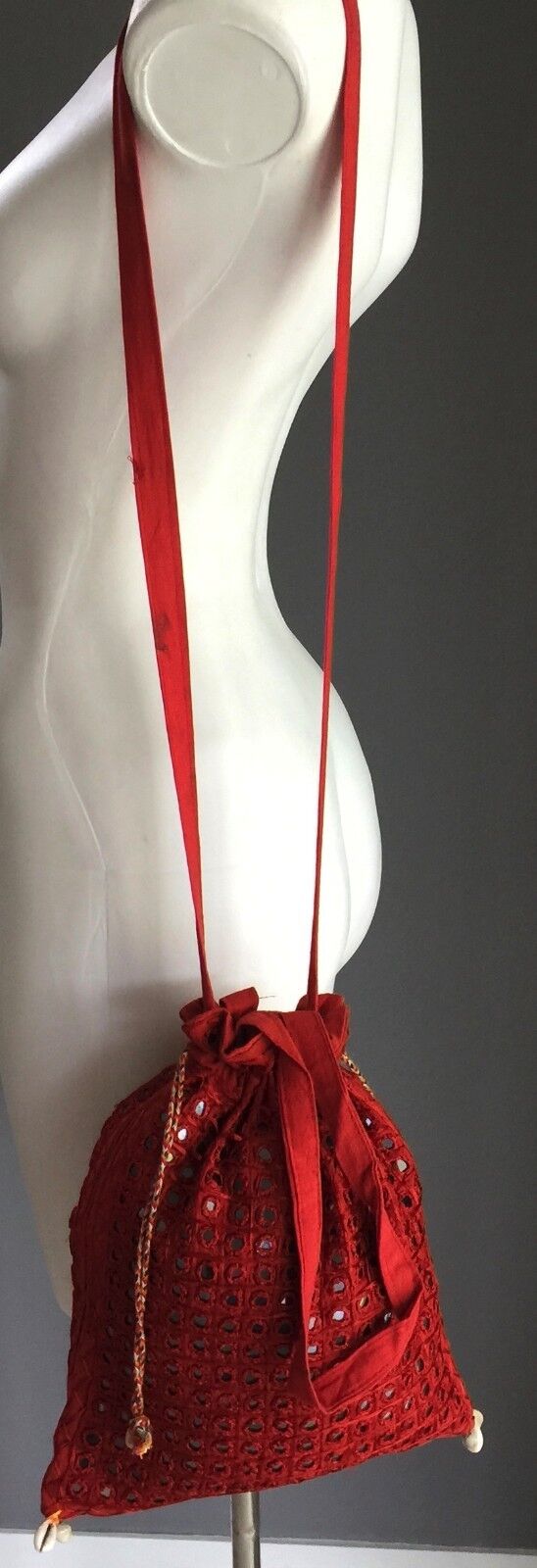 Drawstring Bag CrossBody Pouch Red Mirror & Shell Fabric Duffle Shopper Boho
