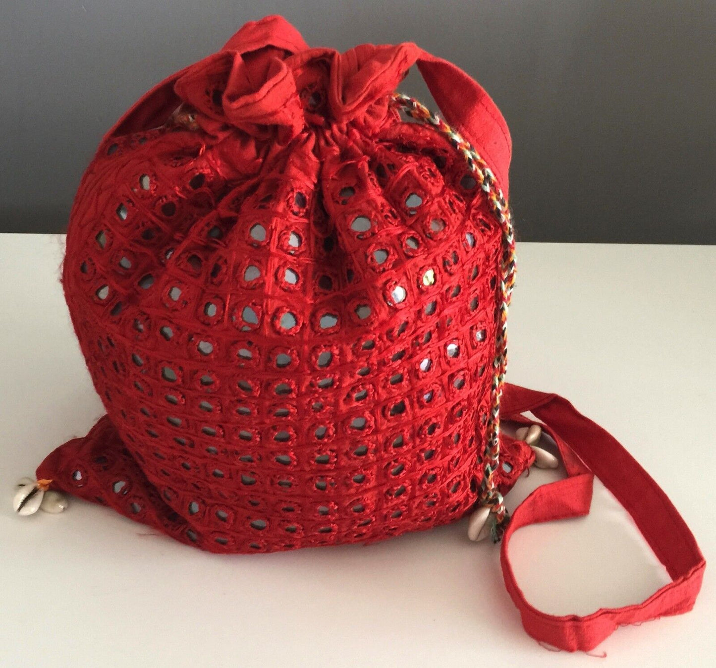 Drawstring Bag CrossBody Pouch Red Mirror & Shell Fabric Duffle Shopper Boho