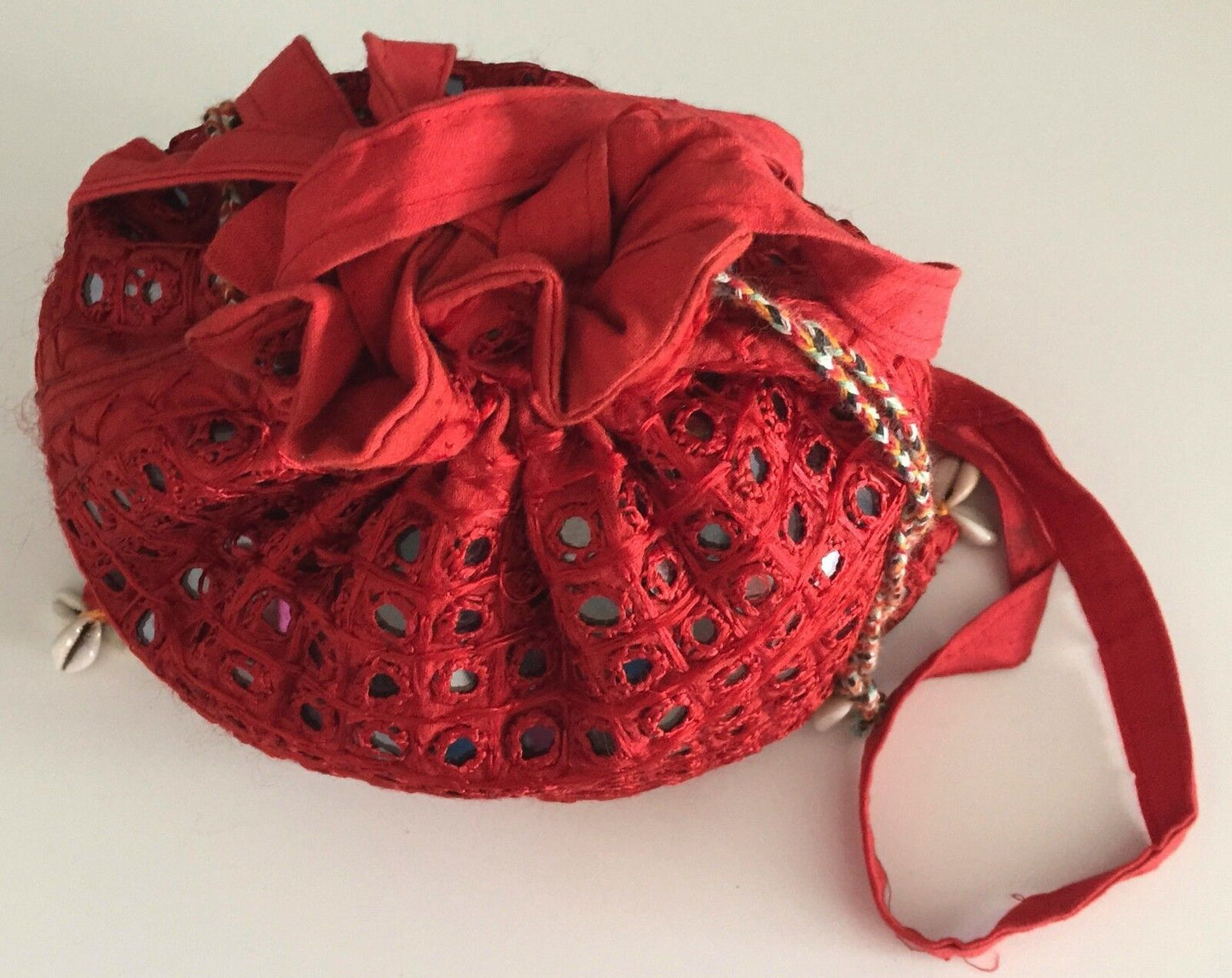 Drawstring Bag CrossBody Pouch Red Mirror & Shell Fabric Duffle Shopper Boho