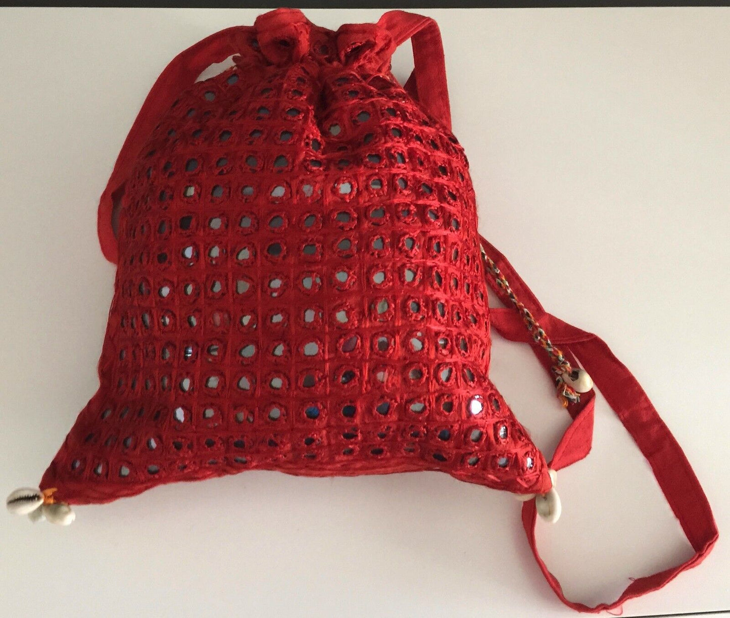 Drawstring Bag CrossBody Pouch Red Mirror & Shell Fabric Duffle Shopper Boho